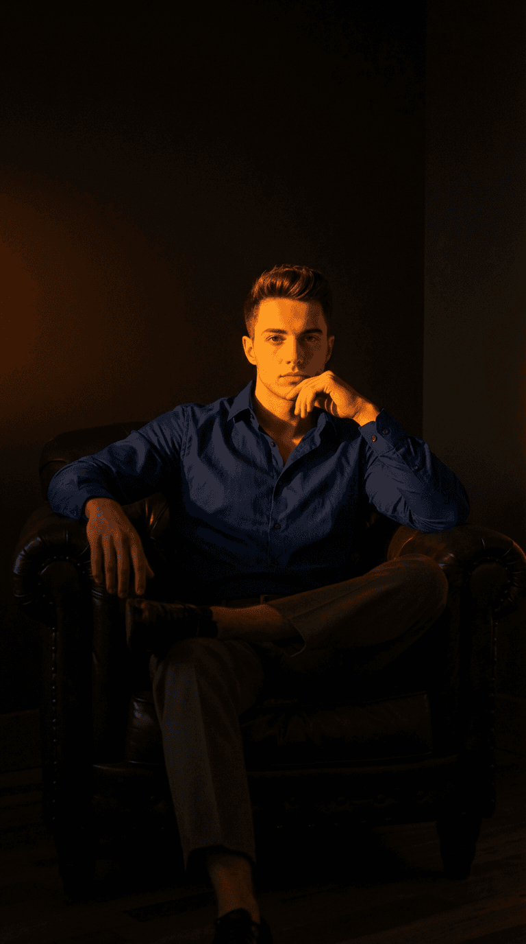 Moody Masculine Portrait With Warm Side Lighting And Dark Background