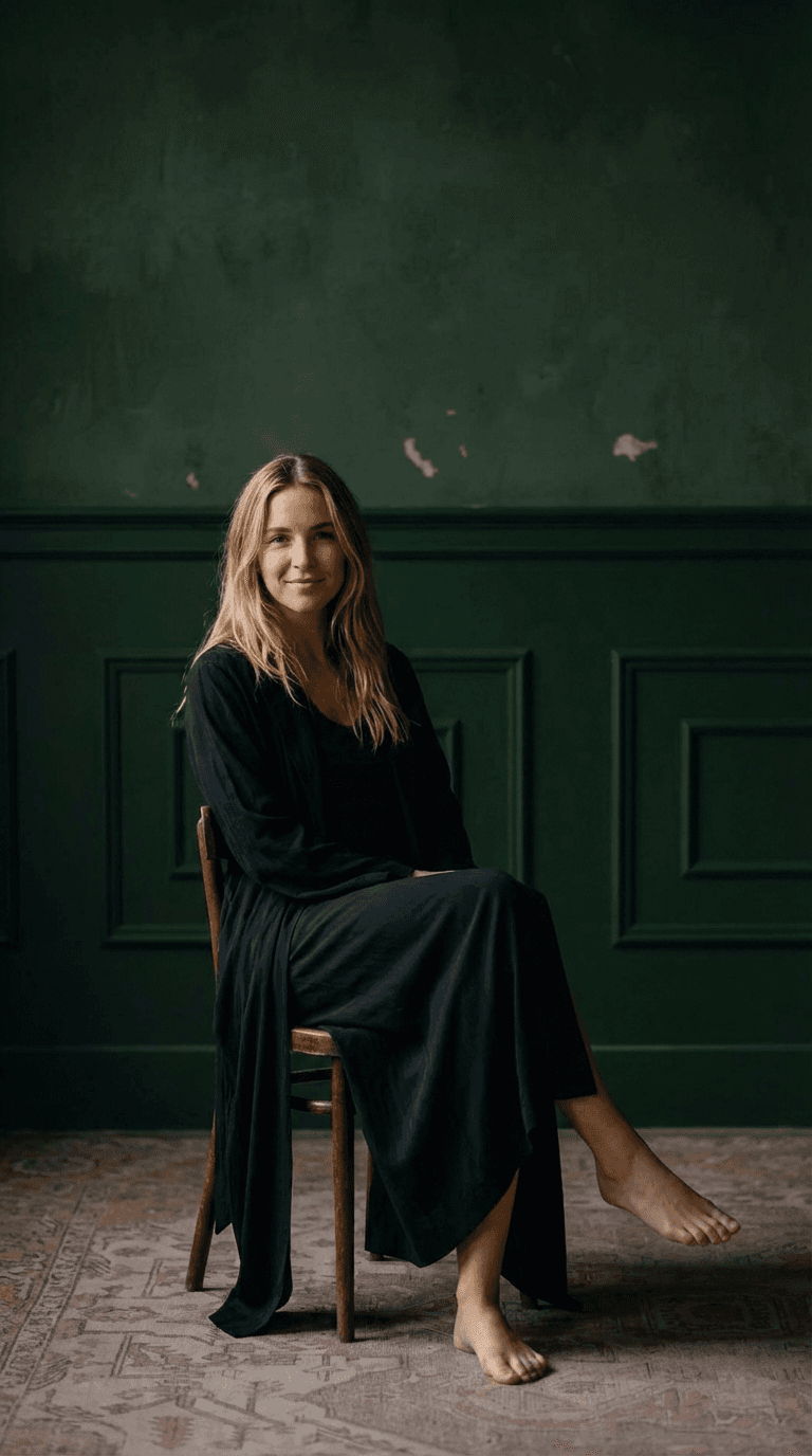 Calm Editorial Portrait With Deep Green Wall And Soft Natural Light