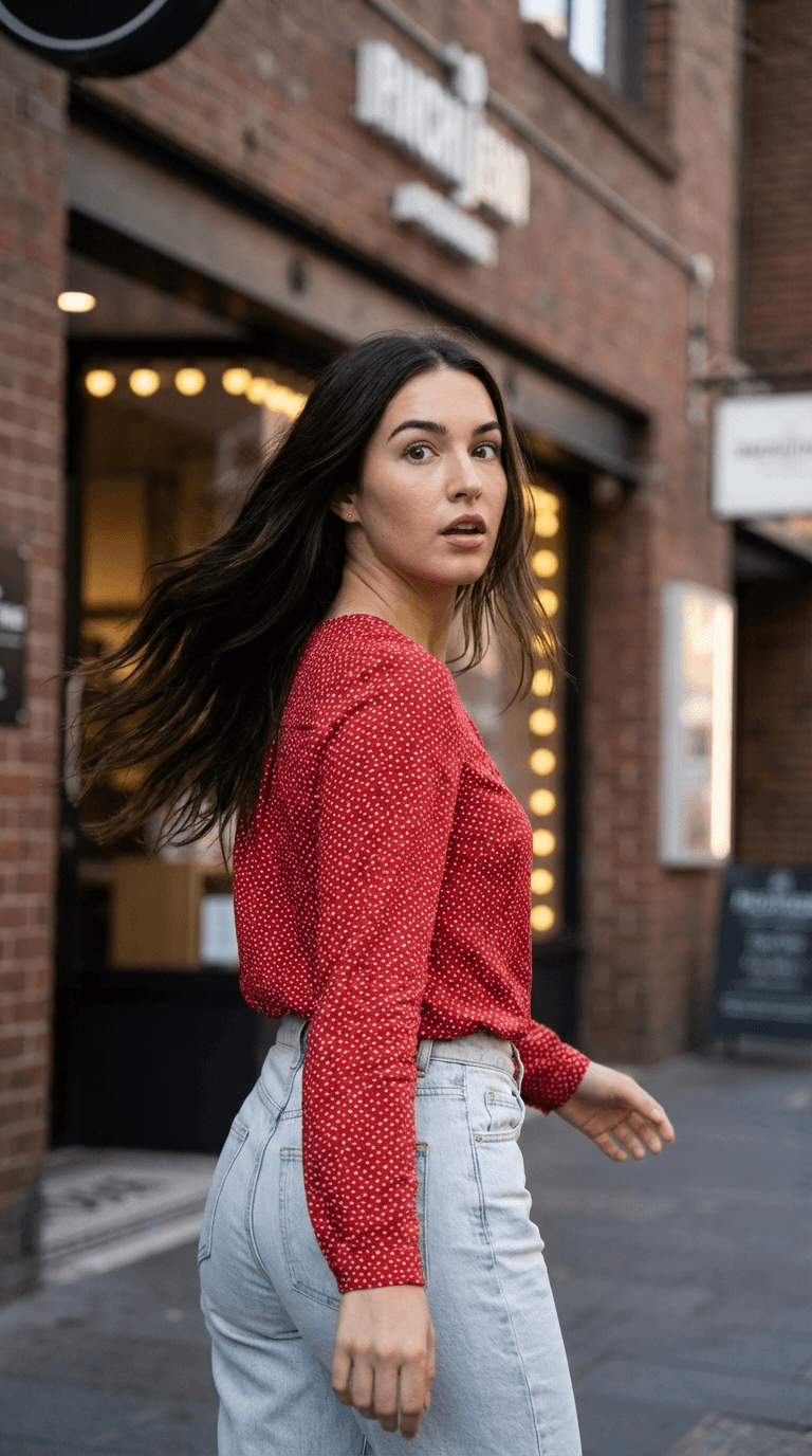 Candid Street Portrait With Shopfront Lights And Natural Evening Glow