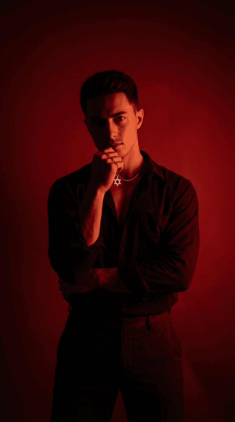 Dark Editorial Portrait With Red Background And Dramatic Side Lighting
