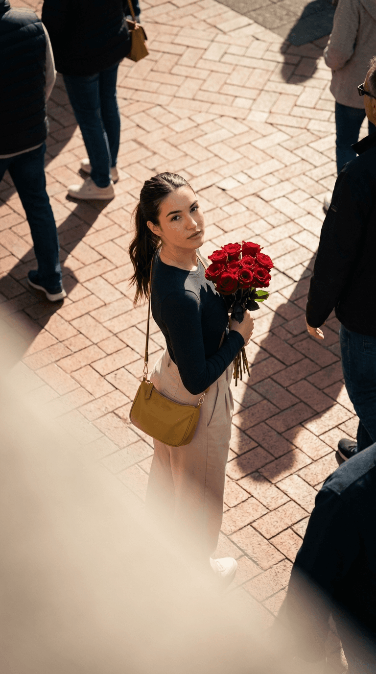 Overhead Street Photoshoot With Woman Holding Red Roses In Natural Light
