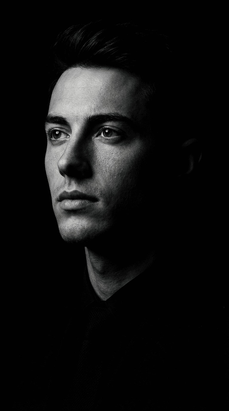 Low-Key Black And White Portrait With Dramatic Side Lighting