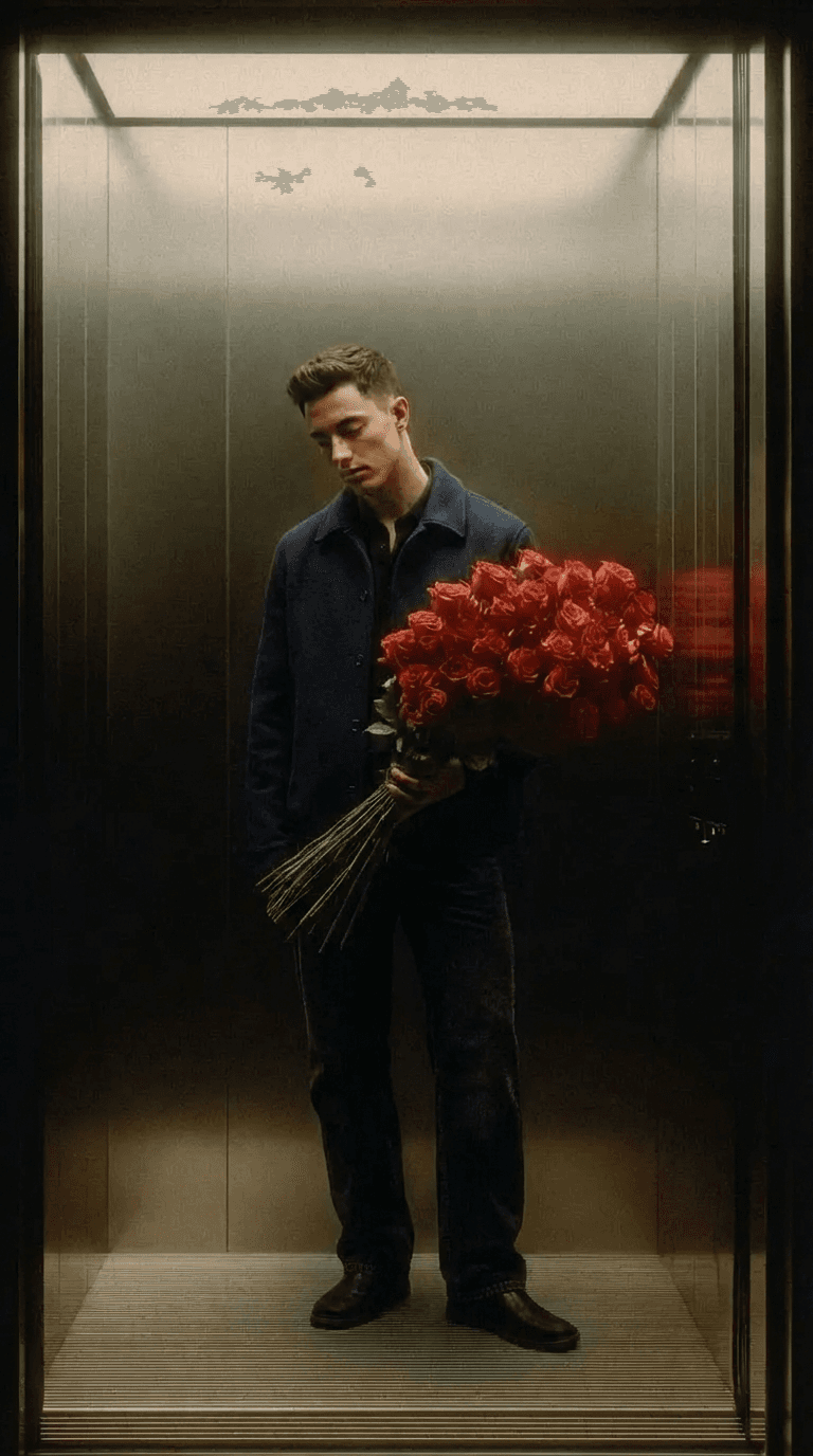 Moody Indoor Portrait with Red Roses in Elevator