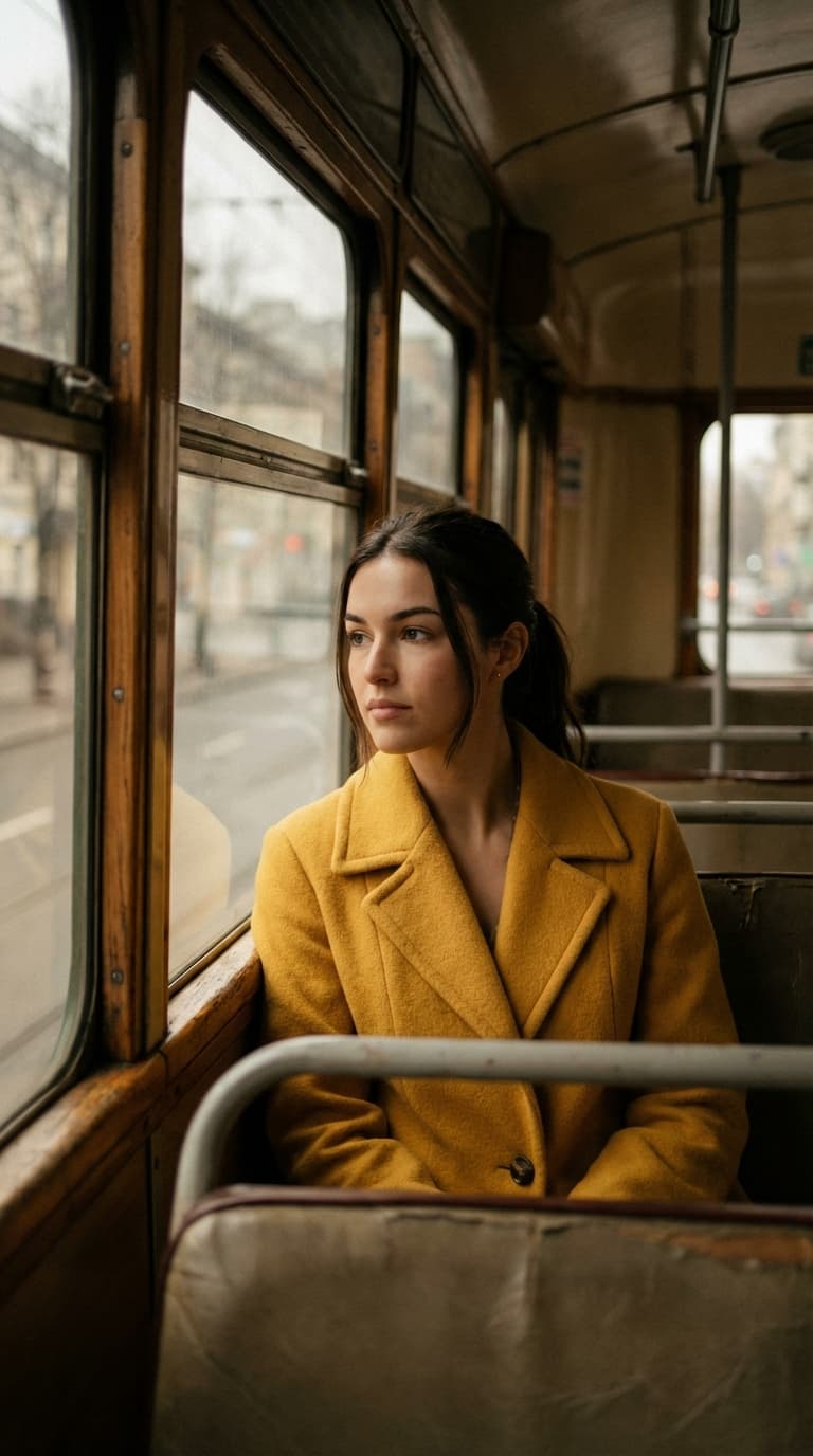 Elegant Yellow Coat Model on Bus Journey