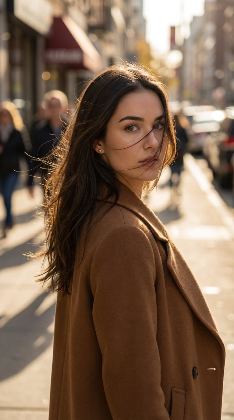 Chic Outdoor Portrait With Blurred City Backdrop
