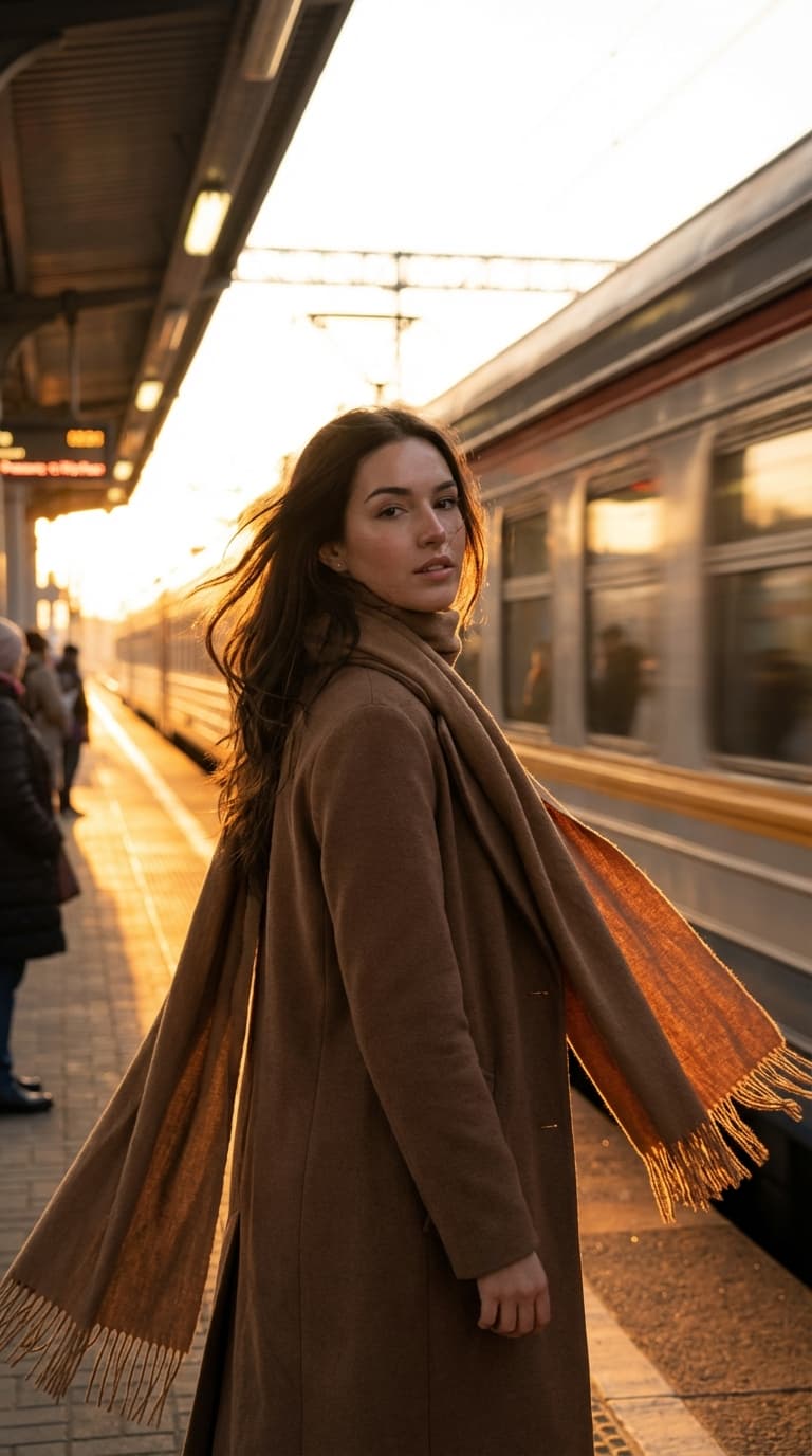 Dynamic Train Station Fashion Portrait at Sunset